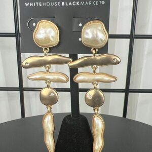 White House Black Market Brushed Gold pierced Earrings with pearl and rhinestone